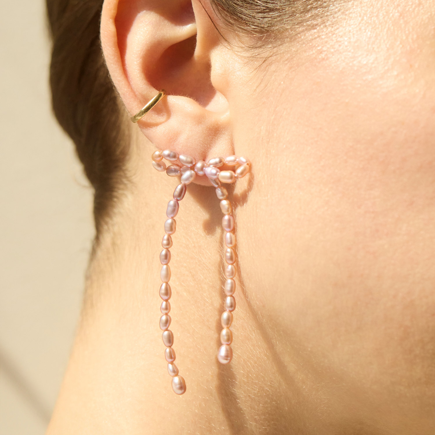 Alternative view of Margot Bow Mauve Pearl Earrings (pair)