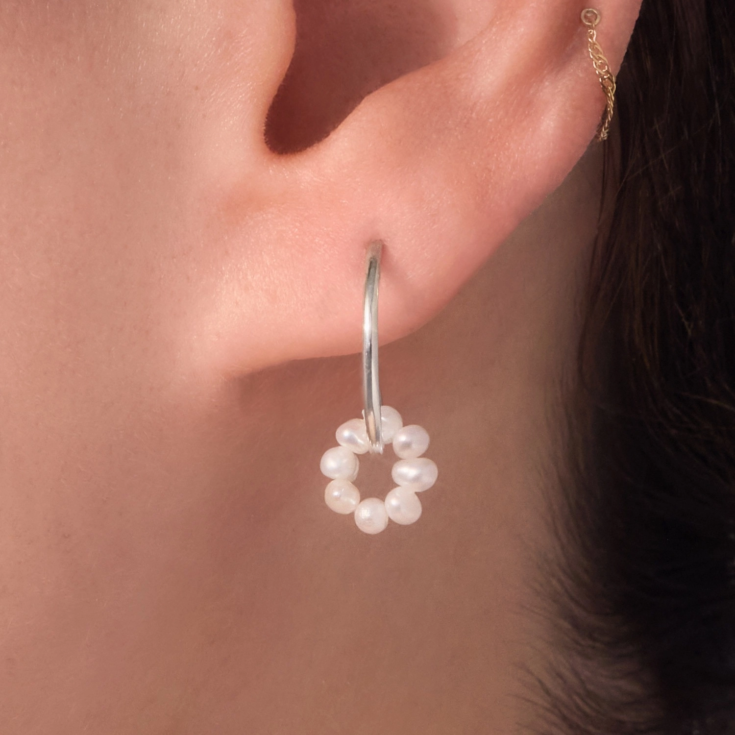 Alternative view of Pearl Flower Silver Hoop (single)