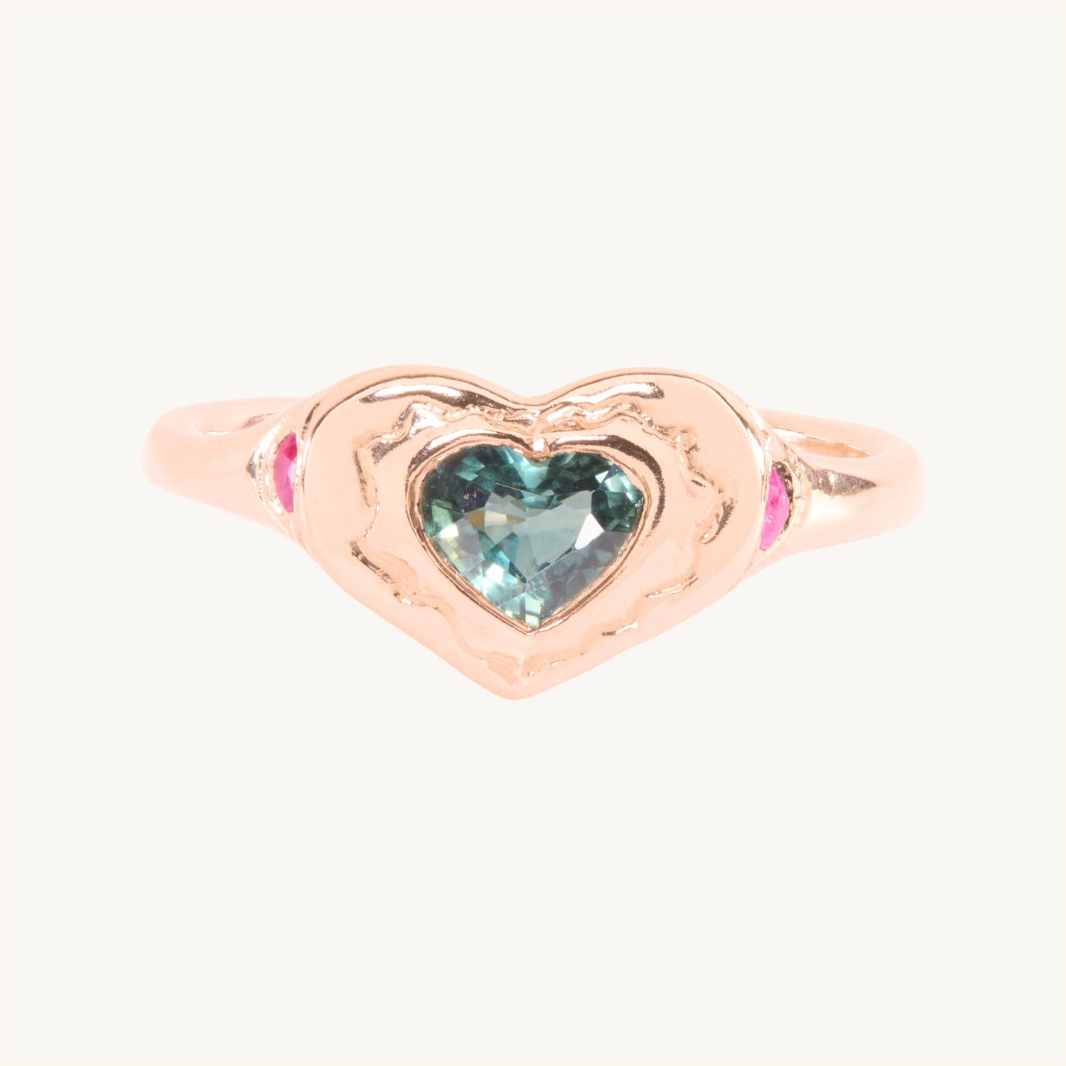 Green Sapphire Squiggle Heart Signet Ring