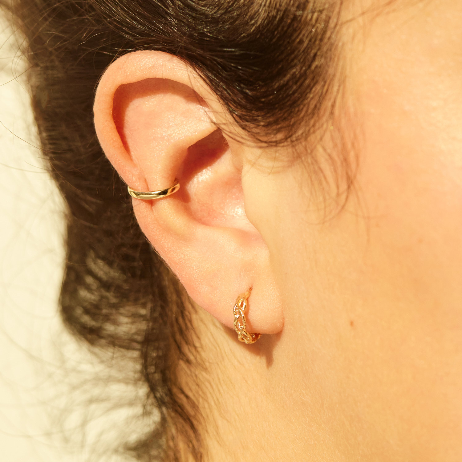 Alternative view of Small Braided Gold Hoop (single)