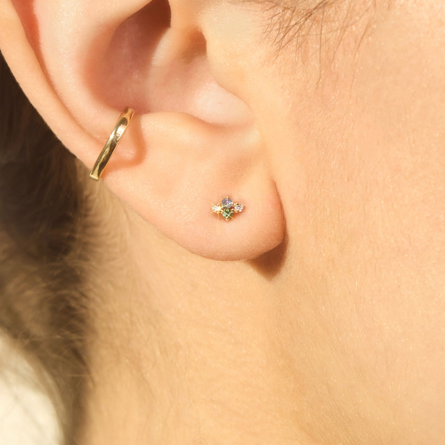 Alternative view of Sapphire, Tourmaline, & Diamond Covey Stud (single)